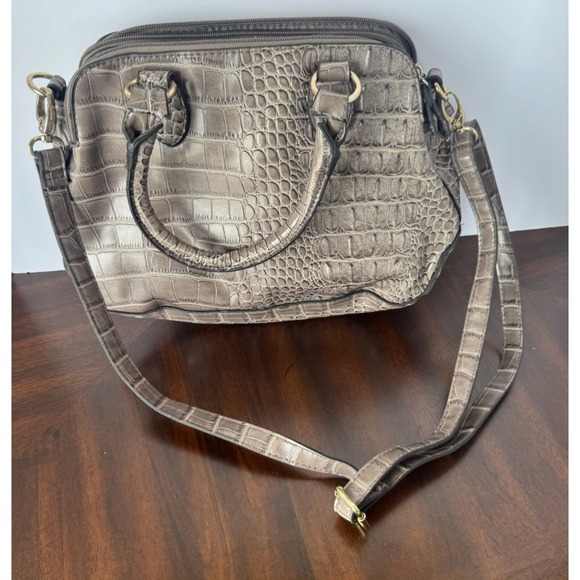 Bueno Handbags - Bueno Faux Croc Embossed Satchel Handbag Brown With Crossbody Strap